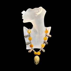 Bronze African Mask Pendant on Necklace of Citrine Coins and Brown Septarian Stones