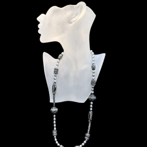 Ethnic Silver and Black Beaded Long Necklace