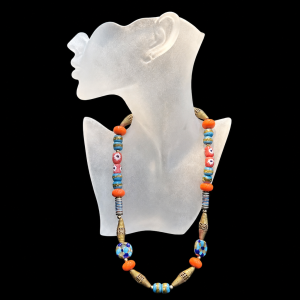 Ethnic Necklaceof Brass, Glass, Terra Cotta, Kazuri Beads