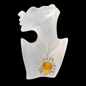 Large Amber And Metal Flower Pendant On Chain Necklace