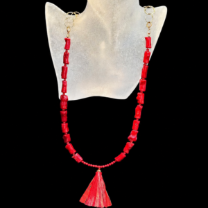 Red Bamboo Coral Necklace with Red Leather Tassel